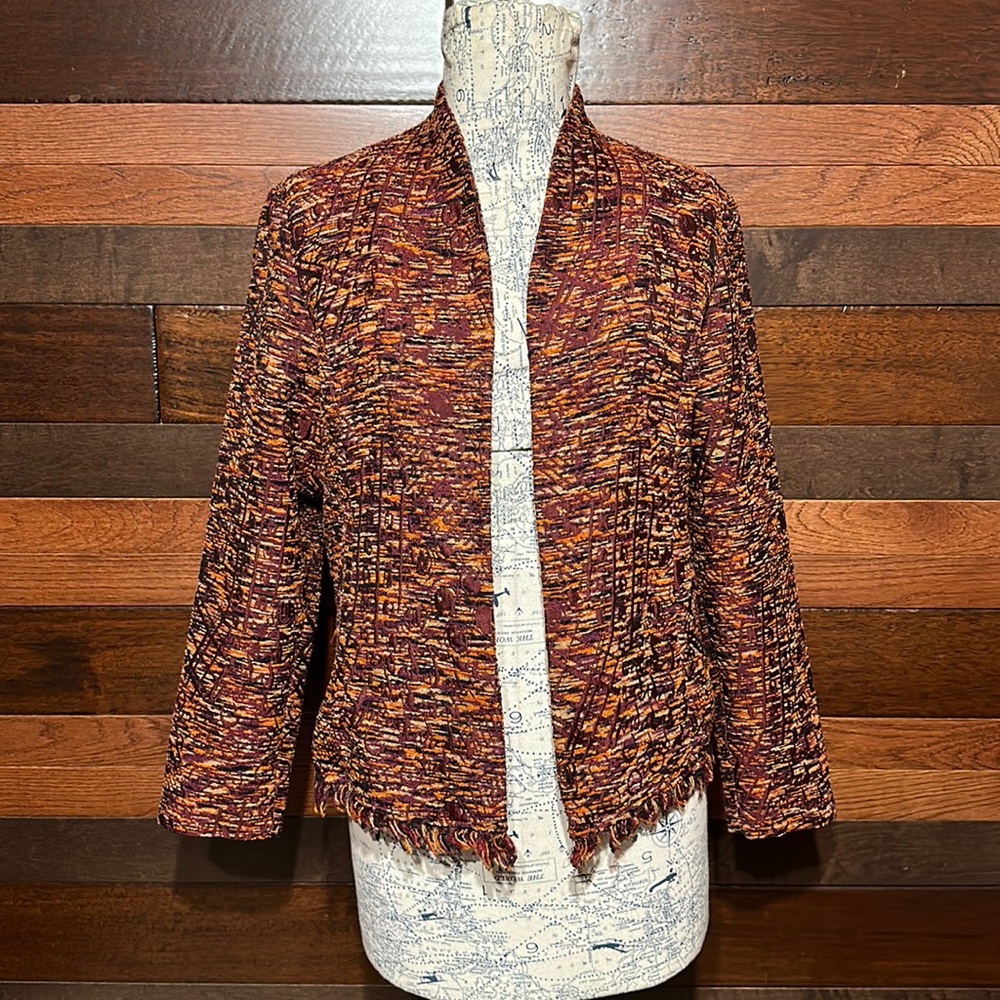 Coldwater Creek Open Front Shiny Multi Colored Embroidered Blazer